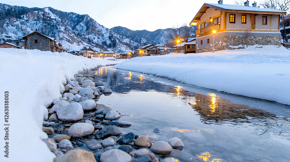 Fototapeta premium Snowy mountain village stream reflection, winter evening