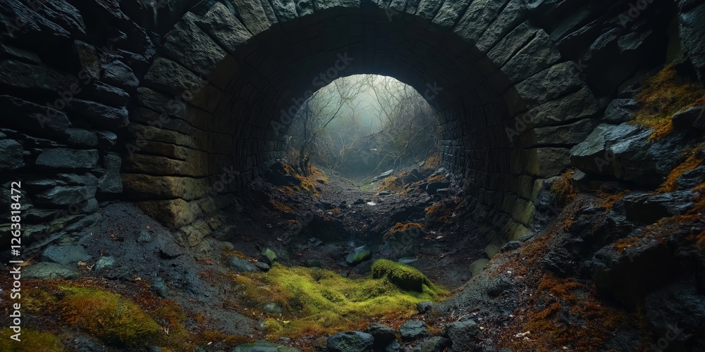 Fototapeta premium Illuminated by faint light, a shadowy tunnel reveals textured layers of gray and black rock. Each stratum tells a geological tale, culminating in an expansive upper layer stretching into the depths be