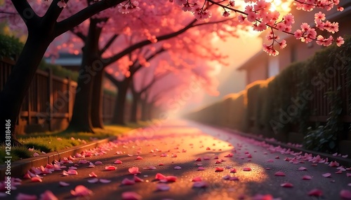 cherry blossoms falling on a small city road