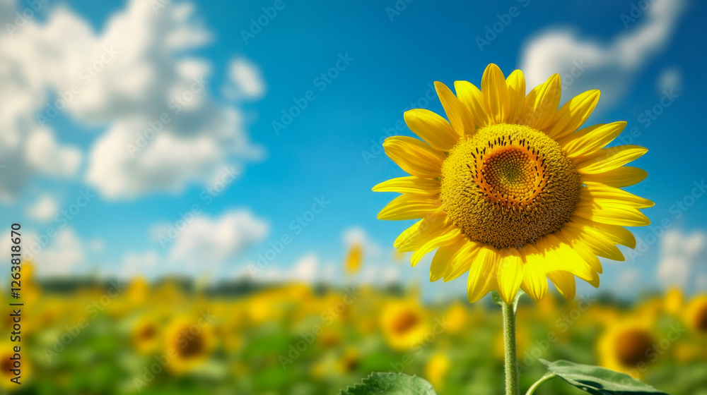 Golden Sunflower Field, Summer Sky, Blooming Beauty Golden Sunflower Field, Summer Sky, Blooming Beauty