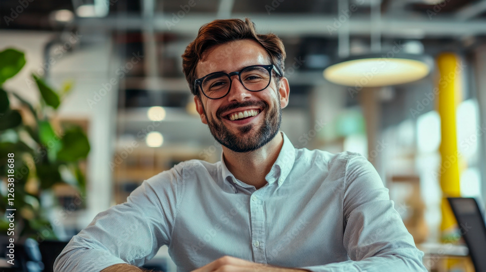 Obraz premium Joyful Businessman Smiling Brightly, Business Success in a Modern Office