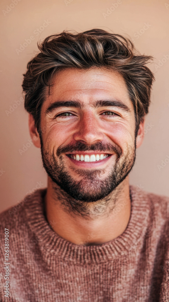Smiling Man Portrait: Joyful, Brown Hair, Beard and Sweater Smiling Man Portrait: Joyful, Brown Hair, Beard and Sweater