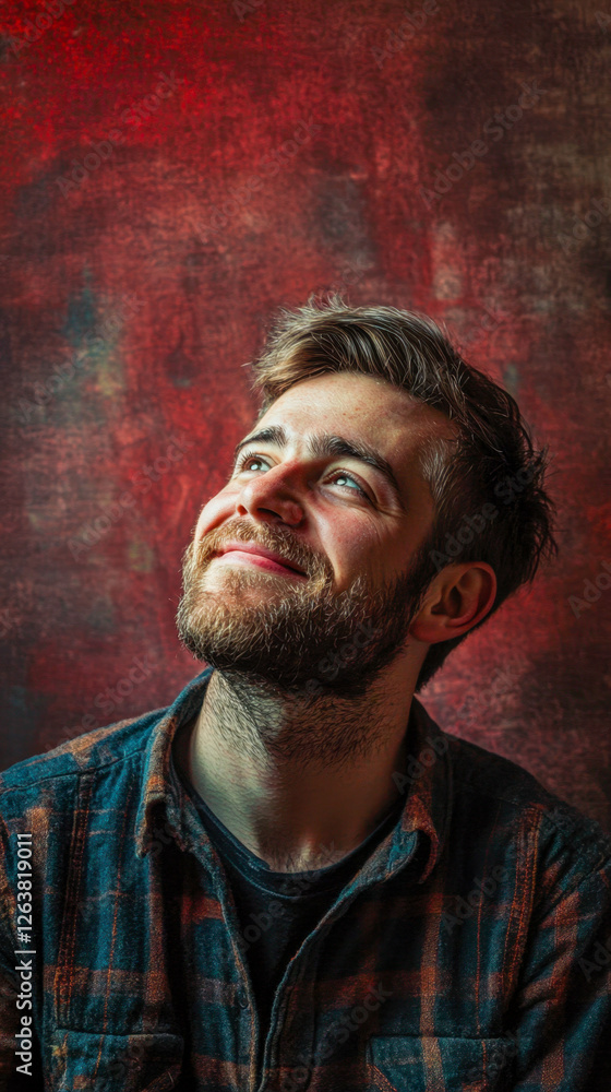 Fototapeta premium Smiling Man Looking Upward, with a Hopeful Expression