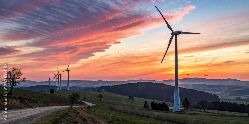 Obraz premium Stunning Sunset Over Wind Turbines in Tilt-Shift Perspective - Breathtaking Renewable Energy Landscape with Vibrant Colors and Soft Focus Effect for Nature and Sustainability Themes