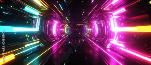 Fototapeta Naklejka Na Ścianę i Meble -  Futuristic neon tunnel with vibrant pink, blue, and yellow lights Abstract digital background with glowing lines and reflections, ideal for technology, gaming, or music concepts