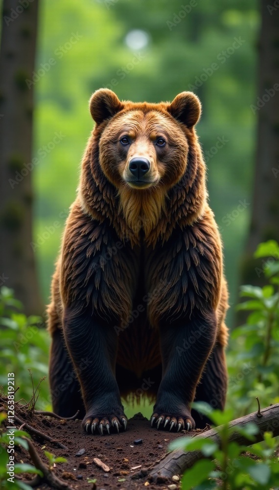 Brown grizzly bear standing on forest tree roots, roots, forest, grizzly Brown grizzly bear standing on forest tree roots, roots, forest, grizzly