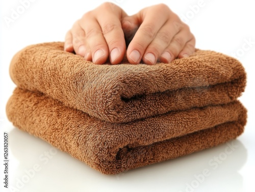 Soft brown textured towels stacked neatly and held by hands, evoking a sense of warmth, comfort, and organic elegance suitable for spa or home settings photo