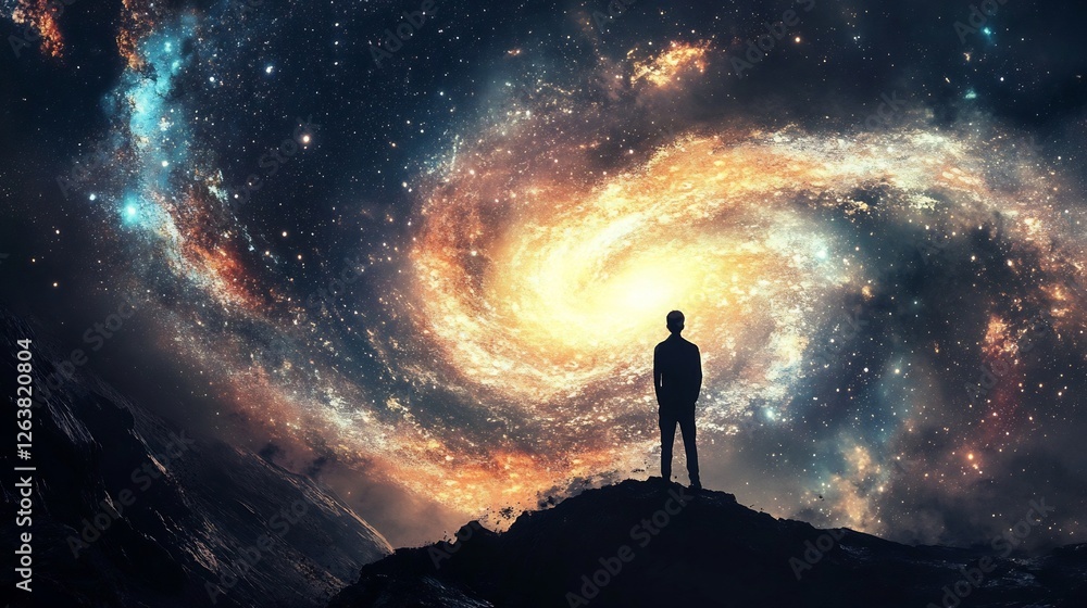 Fototapeta premium Cosmic Contemplation: A Solitary Figure Gazes Upon a Majestic Spiral Galaxy