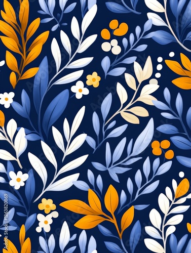 Wallpaper Mural Bold and vibrant botanical pattern with white and orange floral elements against a dark blue background, creating a dynamic decorative design for creative graphic illustrations Torontodigital.ca