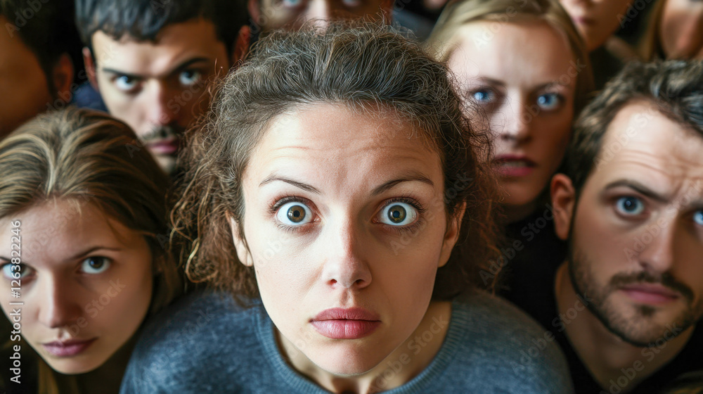 Fototapeta premium Surprised Woman surrounded by Crowd faces Shock, Confusion and Wonder
