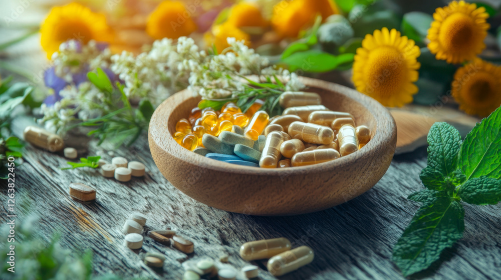 Fototapeta premium Holistic Health: Natural remedies in a bowl.