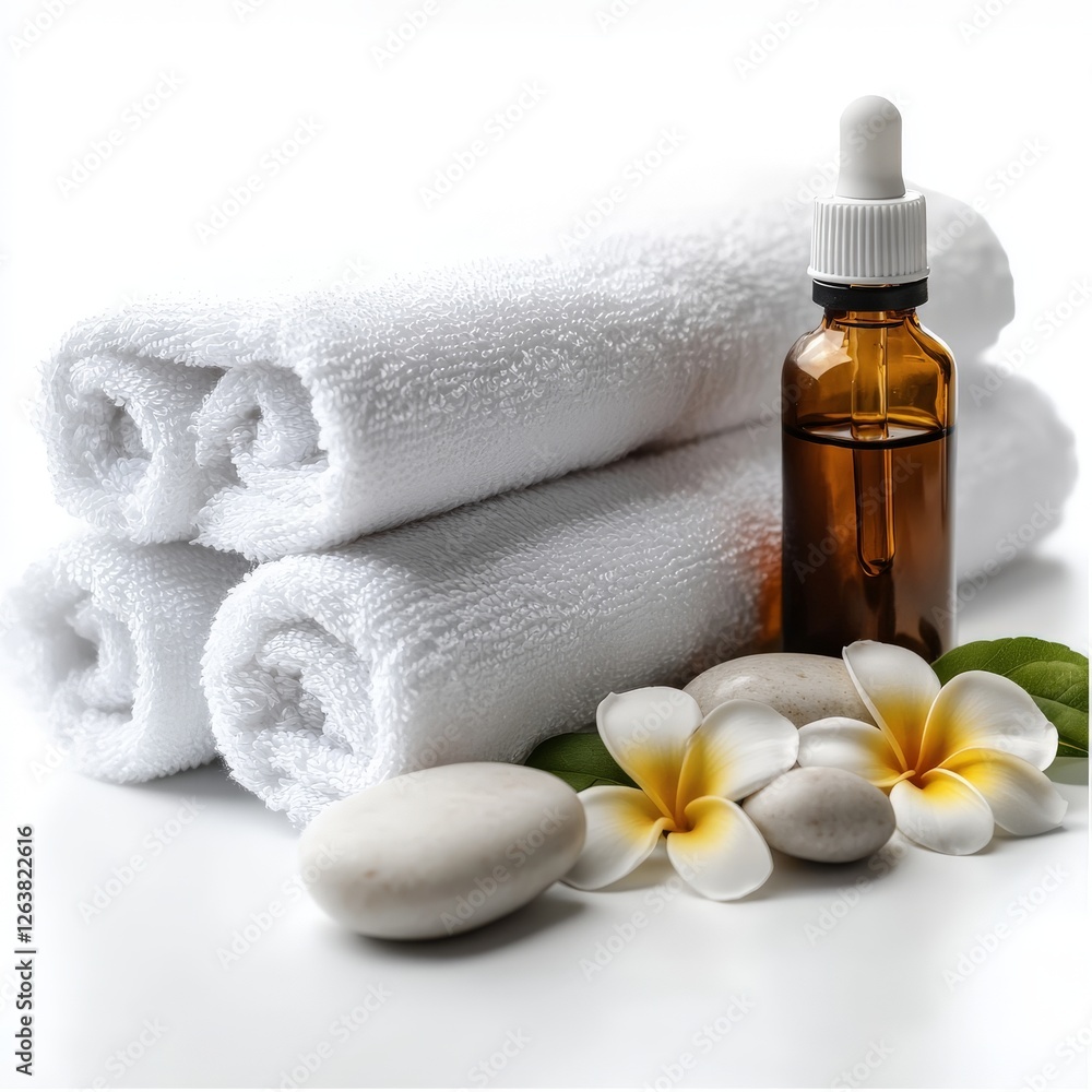 Elevated spa visuals with white towels, fresh frangipani flowers, smooth stones, and a dropper oil bottle highlighting pure relaxation and tropical indulgence Elevated spa visuals with white towels, fresh frangipani flowers, smooth stones, and a dropper oil bottle highlighting pure relaxation and tropical indulgence