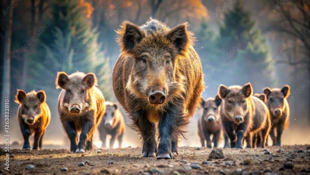 Wild Boar Herd, Dusty Plains, Horned Boar Leader - Documentary Photography Style Wild Boar Herd, Dusty Plains, Horned Boar Leader - Documentary Photography Style