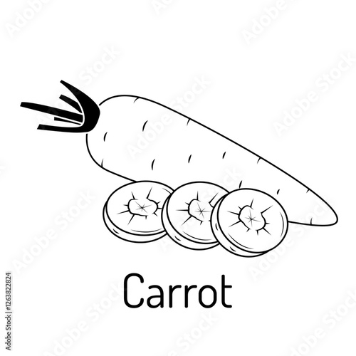 Black and white drawing in line art style of carrots with slices. Ideal for healthy food design, nutrition concepts, menus, packaging and coloring pages. Simple and modern vegetable illustration.