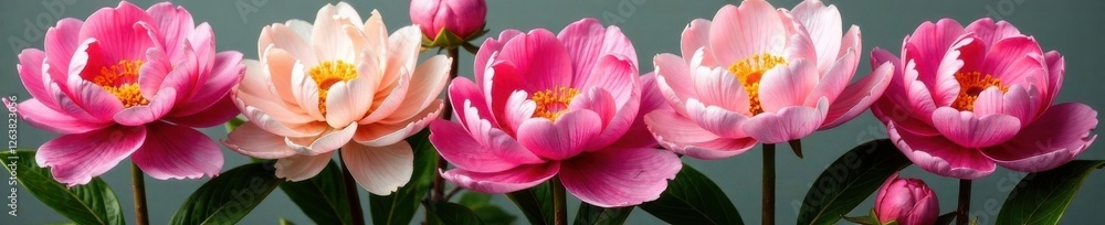 Colorful peony flowers arranged in a bouquet with stems and leaves , bouquet, blooming Colorful peony flowers arranged in a bouquet with stems and leaves , bouquet, blooming
