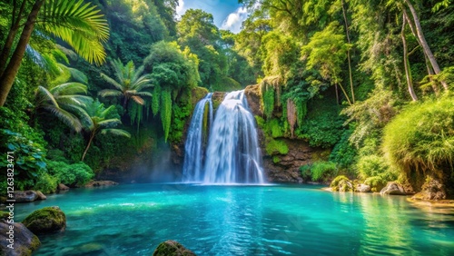 Serene tropical waterfall surrounded by lush greenery with clear blue water ,  waterfall, tropics, lush, greenery