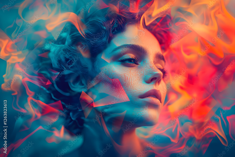 A portrait of a person with their face blended into a swirling vortex of colors, surrounded by geometric shapes and distorted patterns. A portrait of a person with their face blended into a swirling vortex of colors, surrounded by geometric shapes and distorted patterns.