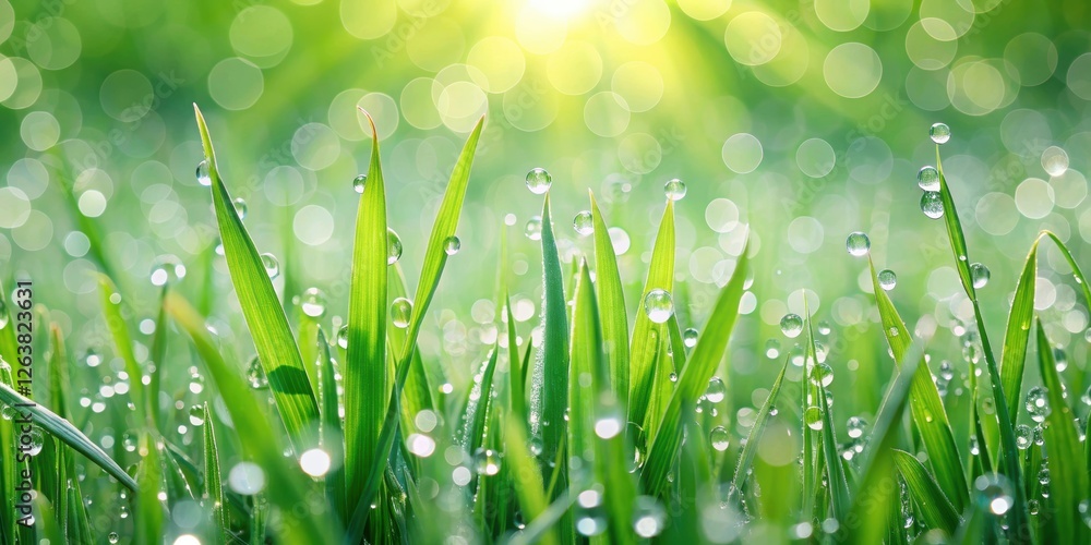 Fototapeta premium Fresh green grass covered in sparkling dew drops, fresh, grass, dew drops