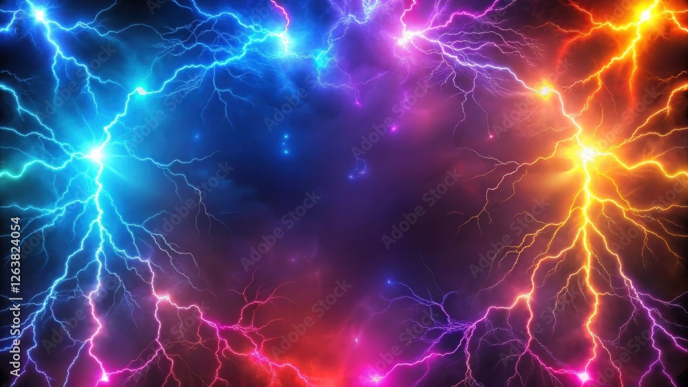 Obraz premium Abstract background with smoky neon colors and lightning bolts , smoky, neon, lightning, abstract, background, colors