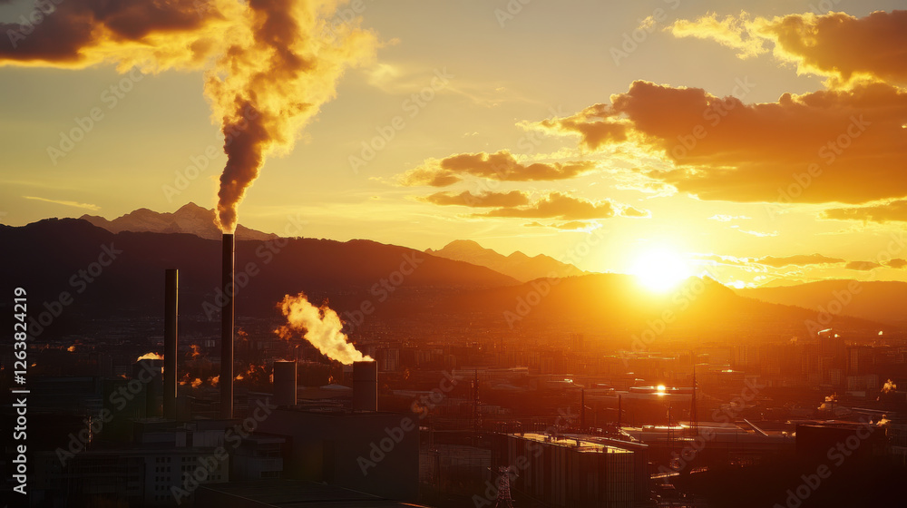 city skyline with power plants emitting smoke at sunset city skyline with power plants emitting smoke at sunset