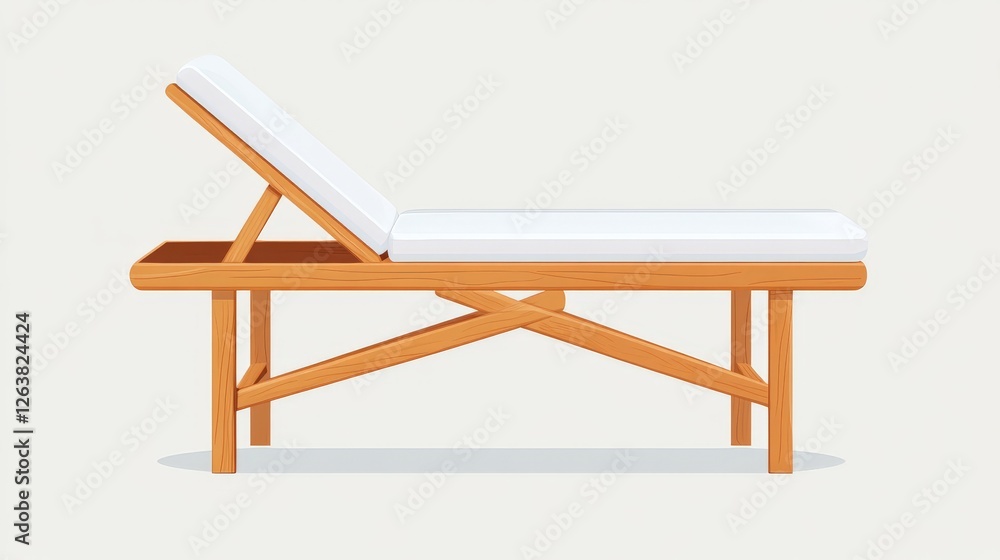 Fototapeta premium Contemporary wooden chaise lounge on a neutral backdrop, combining sleek functionality and comfort, perfect for wellness spaces and stylish home interiors