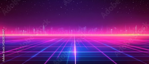 Fototapeta Naklejka Na Ścianę i Meble -  Futuristic cityscape skyline at night with neon grid and vibrant pink and blue lights Retrofuturistic synthwave or vaporwave aesthetic background with digital city and starry sky Concept of metaverse,