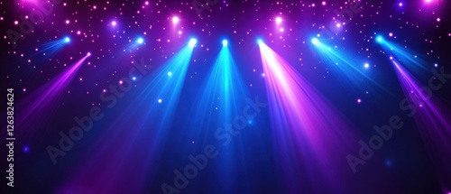 Vibrant blue and purple spotlights illuminating a dark stage with sparkling particles, creating a magical and energetic atmosphere for a concert, show, or performance Perfect background for entertainm photo