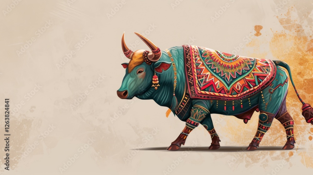 Obraz premium AI-generated depiction of a bull adorned with intricate, colorful traditional designs on its body and head, evoking a festive and cultural ambiance.