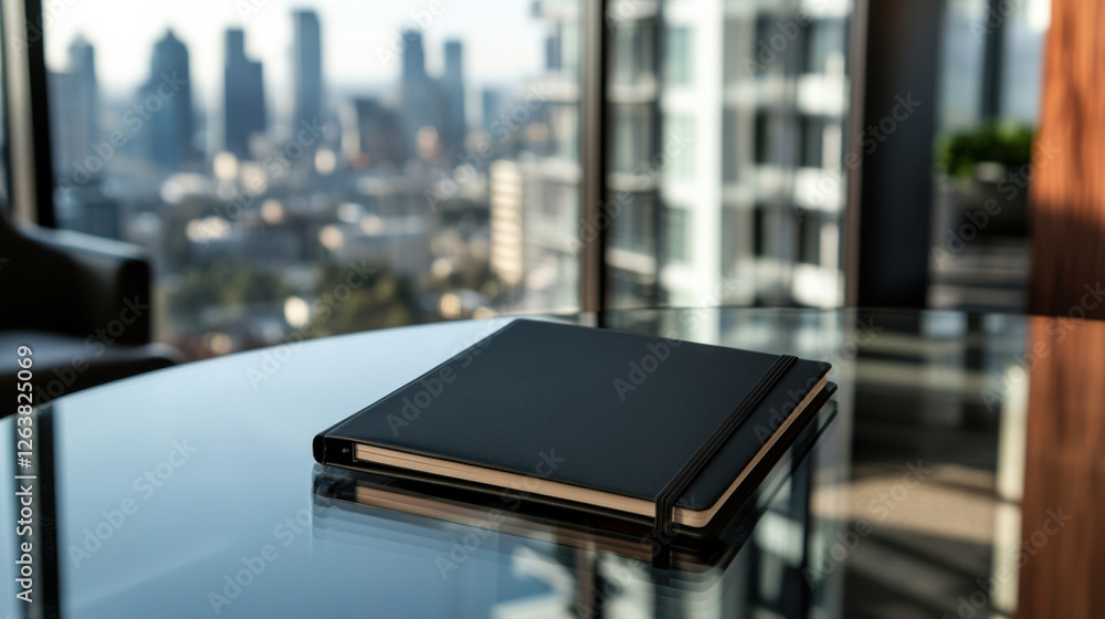 modern minimalist notebook on glass table with city view modern minimalist notebook on glass table with city view