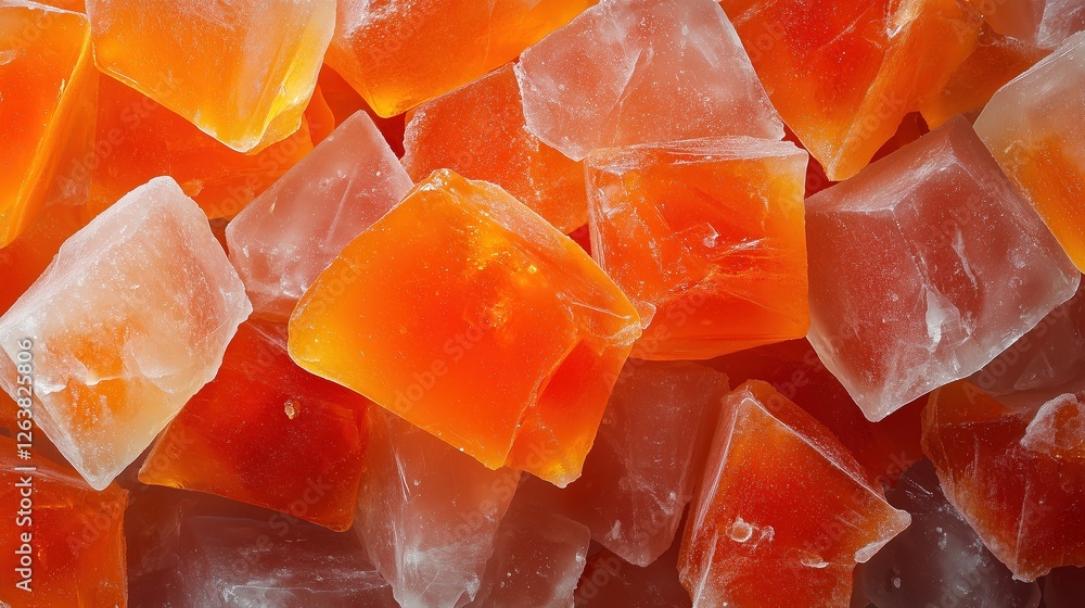 Colorful translucent jelly cubes stacked closely together on a flat surface in vibrant orange and transparent hues Colorful translucent jelly cubes stacked closely together on a flat surface in vibrant orange and transparent hues
