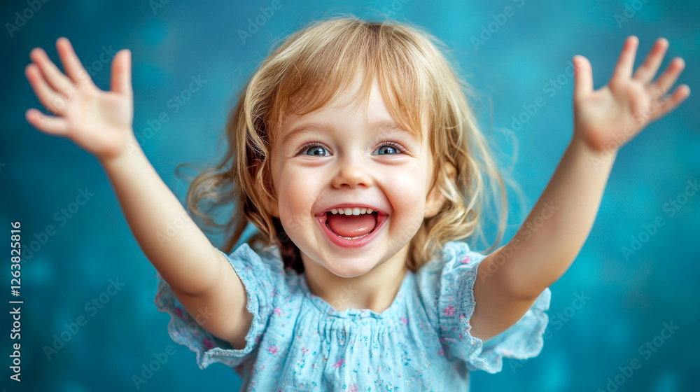Joyful Toddler Laughing, Arms Raised in Excitement on Blue Background Joyful Toddler Laughing, Arms Raised in Excitement on Blue Background