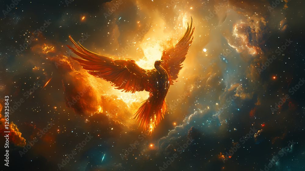 Fototapeta premium Phoenix ascent in cosmos. Cybernetic Phoenixes. Illustration