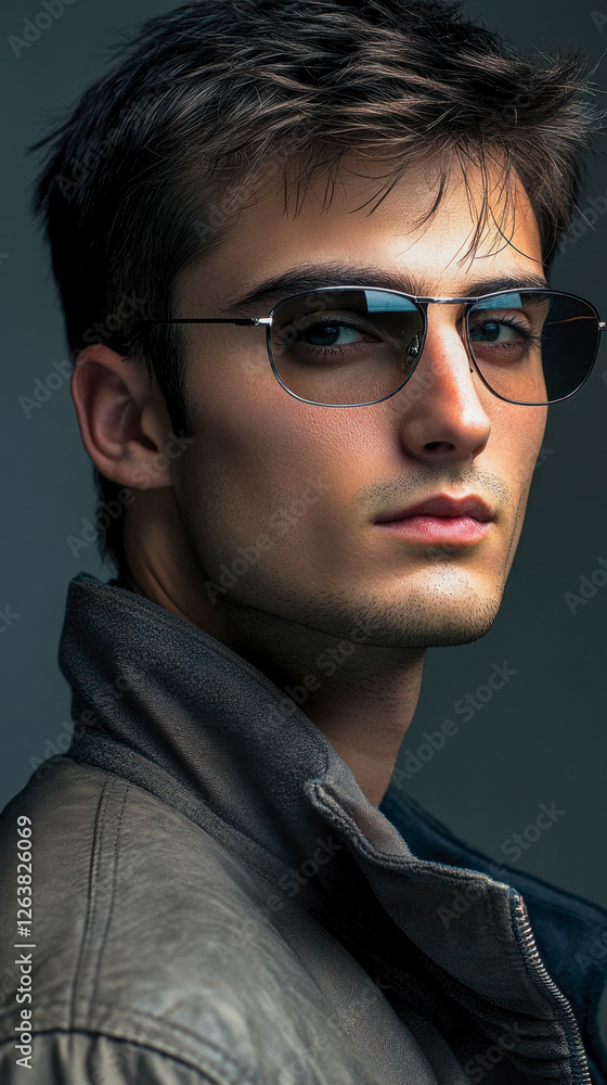 Serious Brunette Man with Glasses: Modern Portrait with a Leather Jacket Serious Brunette Man with Glasses: Modern Portrait with a Leather Jacket