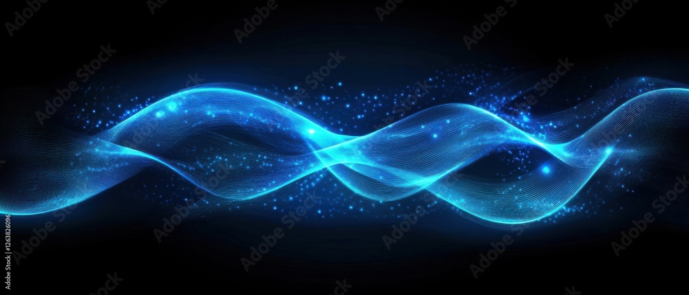 Fototapeta premium Abstract blue glowing energy wave with sparkling particles on a dark background Digital wave flow, futuristic technology, and innovation concept