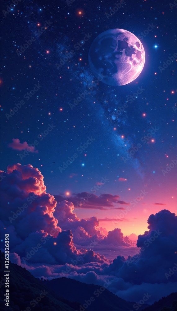 Naklejka premium Celestial background with vibrant stars and a silvery moon, night sky, shiny, space