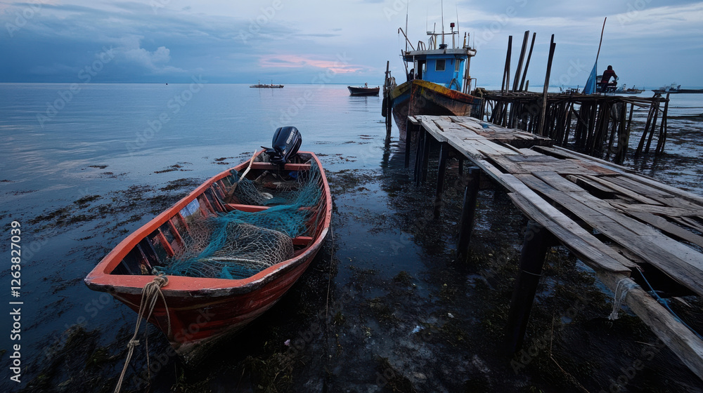 serene fishing village with boats and wooden pier at dusk serene fishing village with boats and wooden pier at dusk