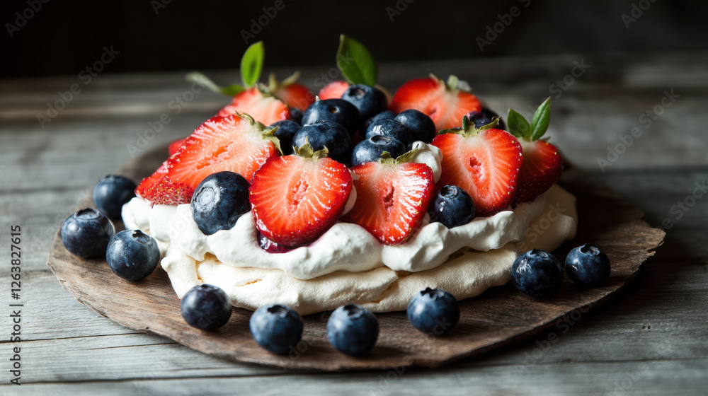 Delicious pavlova topped with fresh strawberries and blueberries Delicious pavlova topped with fresh strawberries and blueberries