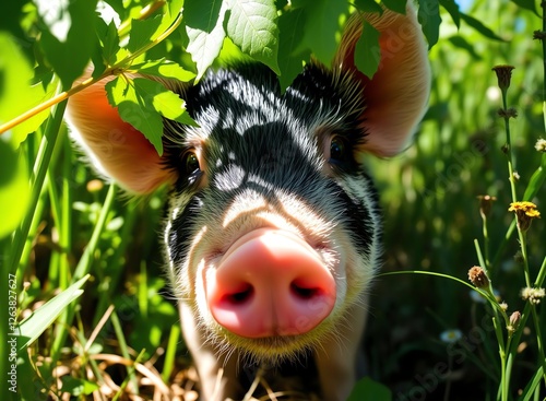 an image of a pig is standing in the grass with its nose open, there is a small pig that is standing in the grass photo