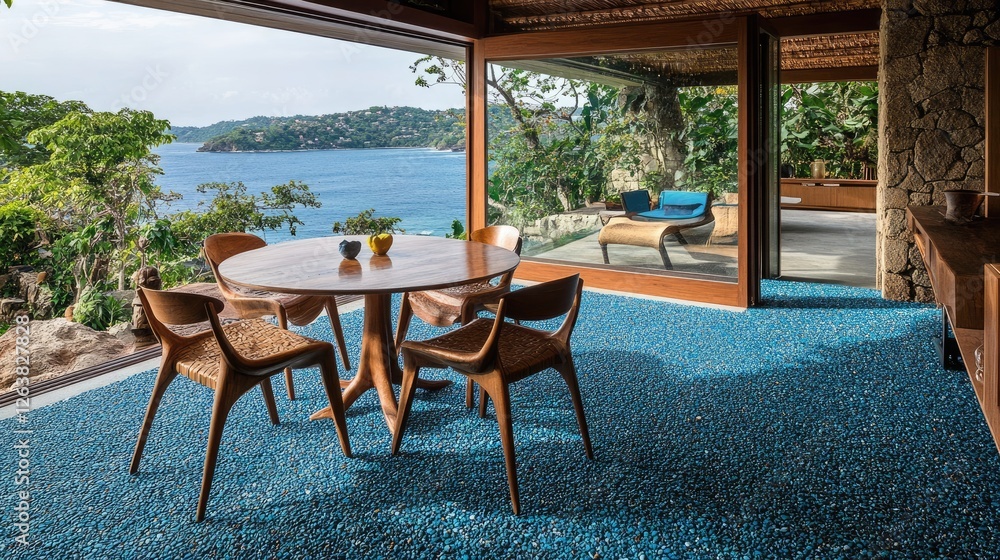 Fototapeta premium A dining room featuring chairs made from recycled ocean plastic.