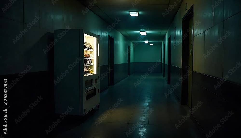 Lonely vending machine dimly lit hallway photograph indoor first-person isolation Lonely vending machine dimly lit hallway photograph indoor first-person isolation
