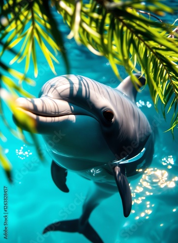 an image of a dolphin swimming in the water with a palm tree, there is a dolphin that is swimming in the water photo