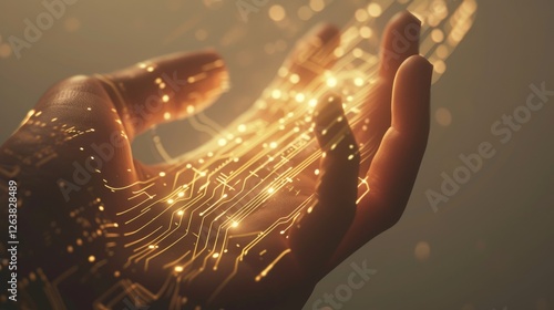 A close-up of a human hand illuminated with glowing digital circuits, symbolizing the integration of technology and humanity in a futuristic design. AI generated.