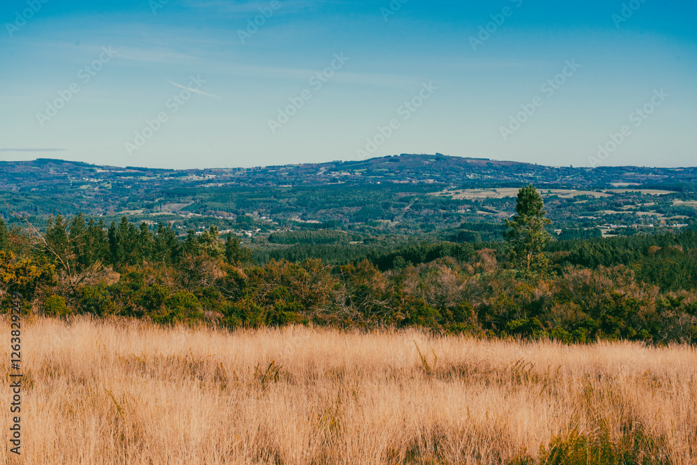 Landscape with view of crops and beautiful mountains with blue sky on the French Way. Stage Portomarin - Palas de Rei. Spain. Landscape with view of crops and beautiful mountains with blue sky on the French Way. Stage Portomarin - Palas de Rei. Spain.