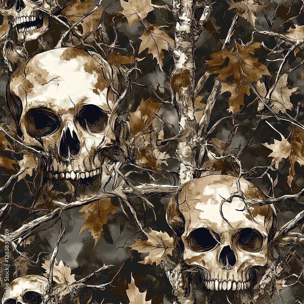 Skull Tree Branches and Leaves Camouflage Seamless Pattern Texture Skull Tree Branches and Leaves Camouflage Seamless Pattern Texture