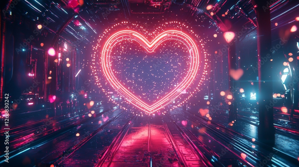 Obraz premium Neon heart encircled by glowing rings and sparkling accents, designed for a futuristic Valentines promotional package