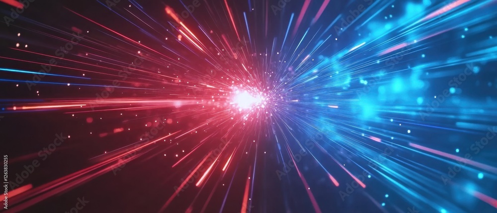 Naklejka premium Abstract futuristic background with fast speed light streaks and particles in red and blue Concept of science fiction, hyperspace jump, data transfer, and energy flow
