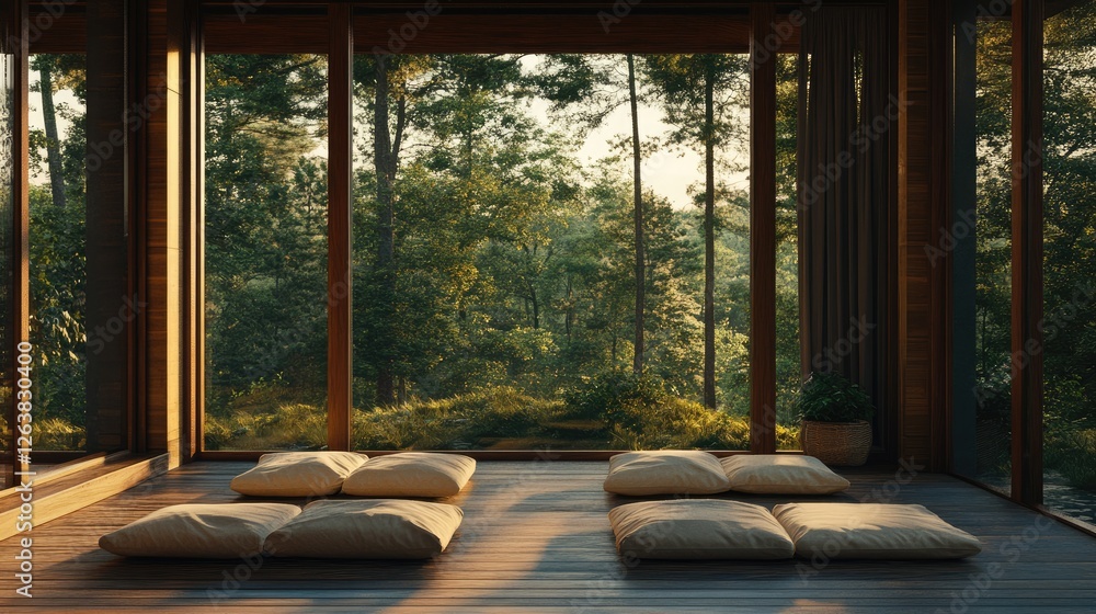 Obraz premium A peaceful meditation corner with floor cushions and natural wood decor.