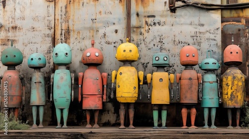 Colorful Rusty Metal Robots Against Weathered Industrial Wall photo