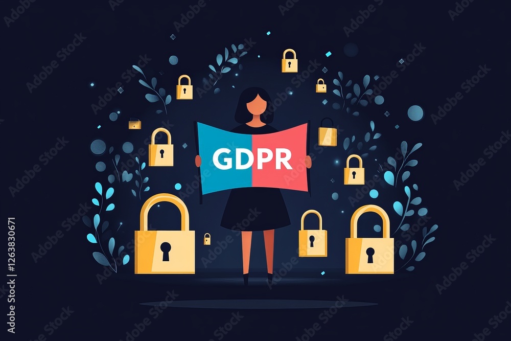 Fototapeta premium Businessperson standing in a cyber security landscape surrounded by floating padlocks, holding a GDPR compliance placard, symbolizing digital privacy, encrypted protection, and legal governance