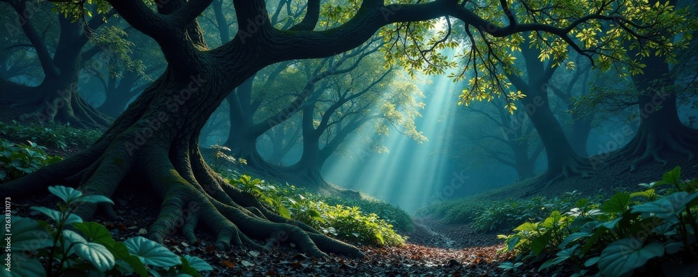 Obraz premium Dark forest with twisted tree branches and exotic leaves, twisted trees, eerie landscape, exotic leaves